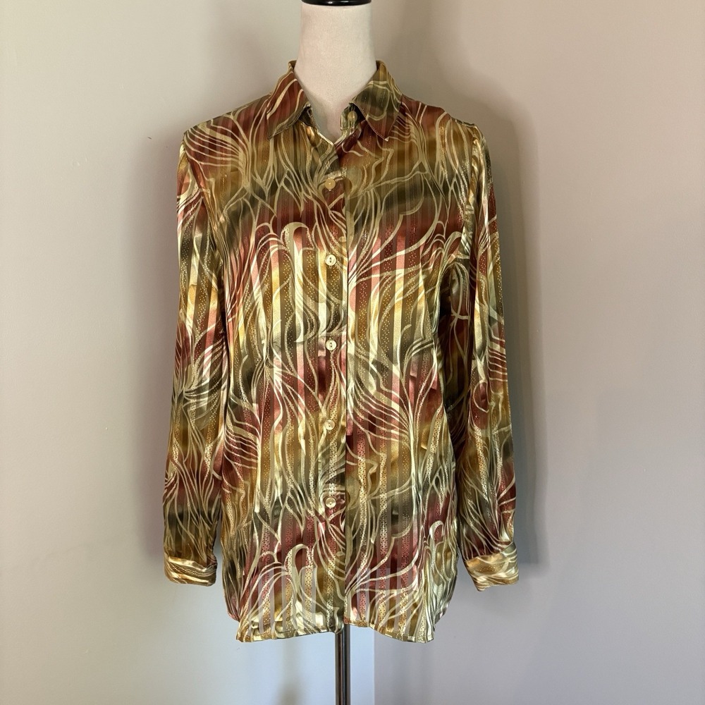 VTG 80s Joanna Metallic Button Down Blouse Medium Abstract Swirl Shimmer Shirt